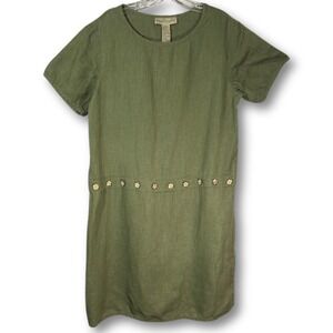 Sweet Jessie Sage Green 100% Linen Short Sleeve Dress Wood Buttons L Beachy